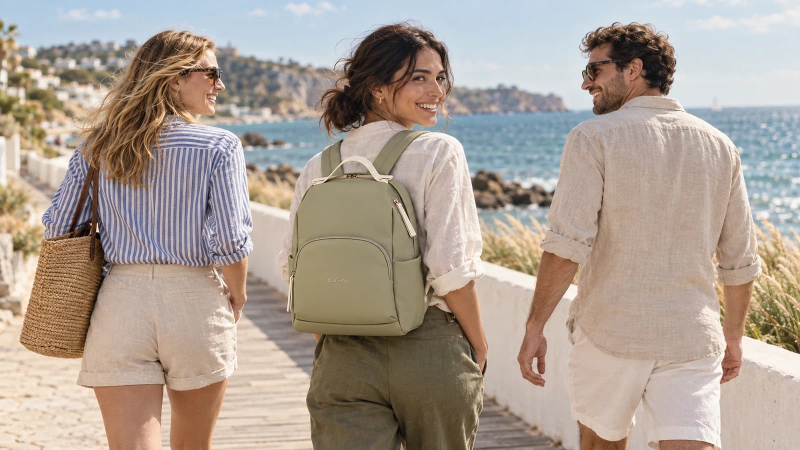 Three friends walk beside the sea, with a sage backpack worn by the woman in the center