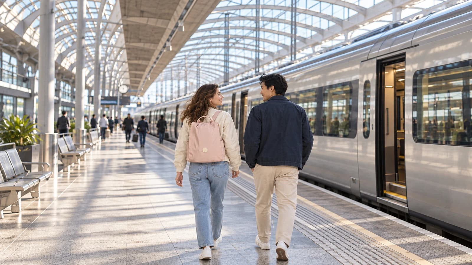 A traveler wearing a blush-pink backpack walks with her companion along a sunlit station platform